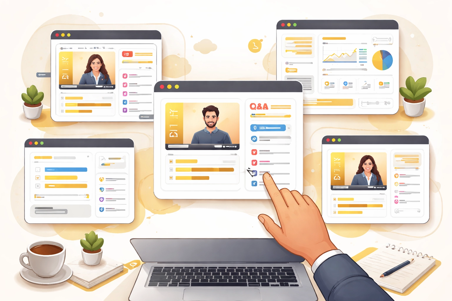 Workspace top view displaying multiple webinar platforms with polls, chat, and analytics, representing comparison of Zoom alternatives for sales webinars.