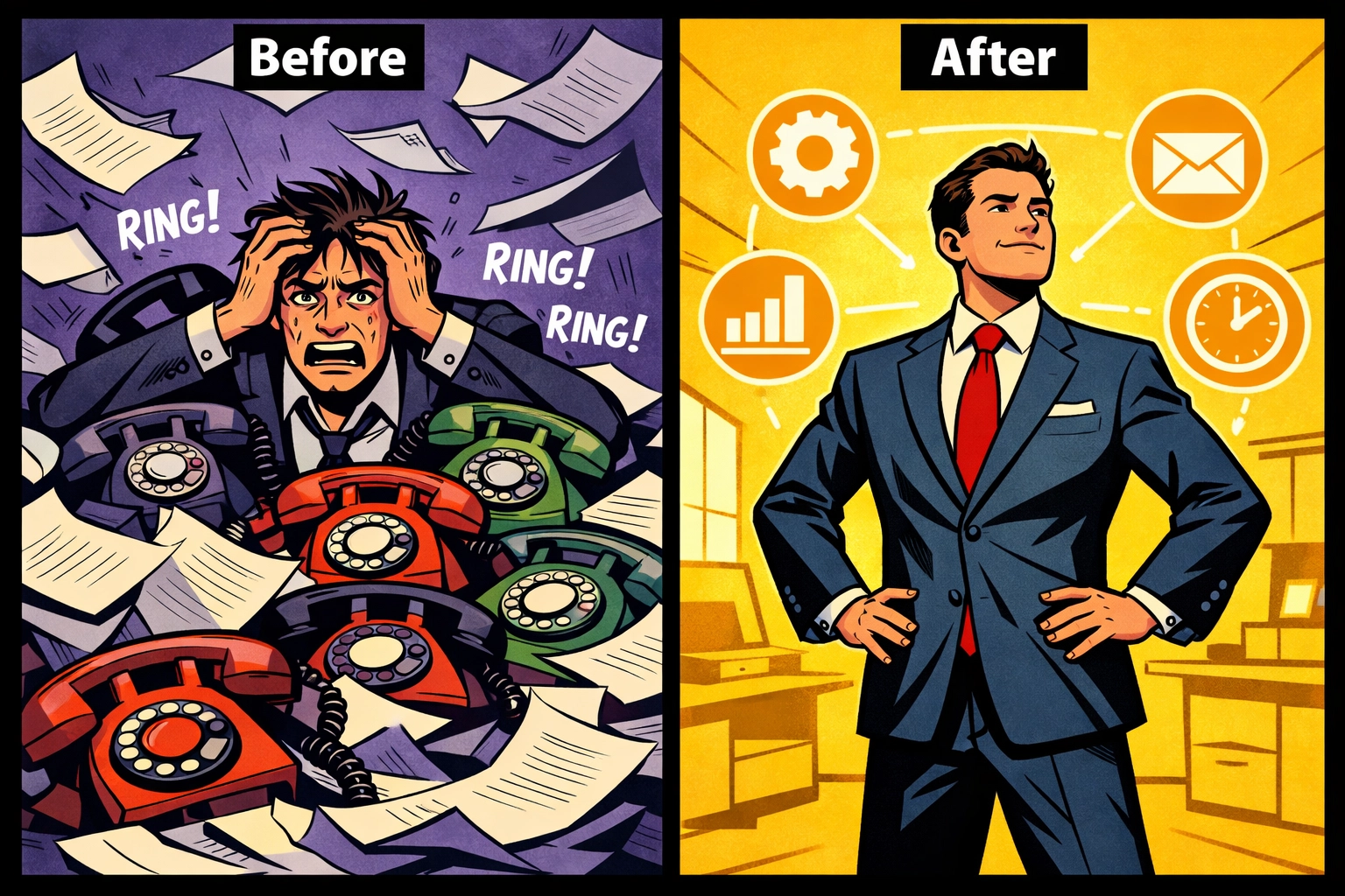 Comparison of a stressed executive versus a calm CEO using AI business automation systems.