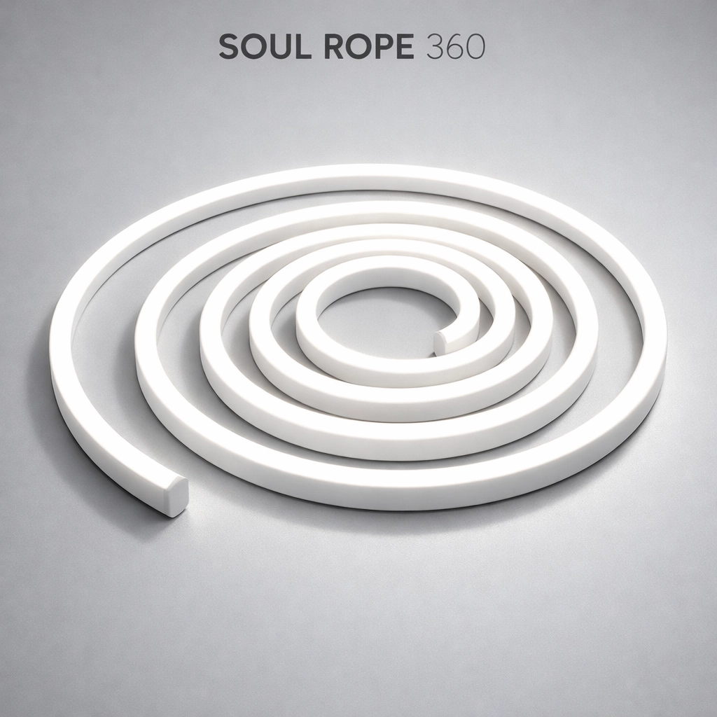 SOUL ROPE 360 flexible linear LED light in a spiral shape showing uniform 360-degree illumination.