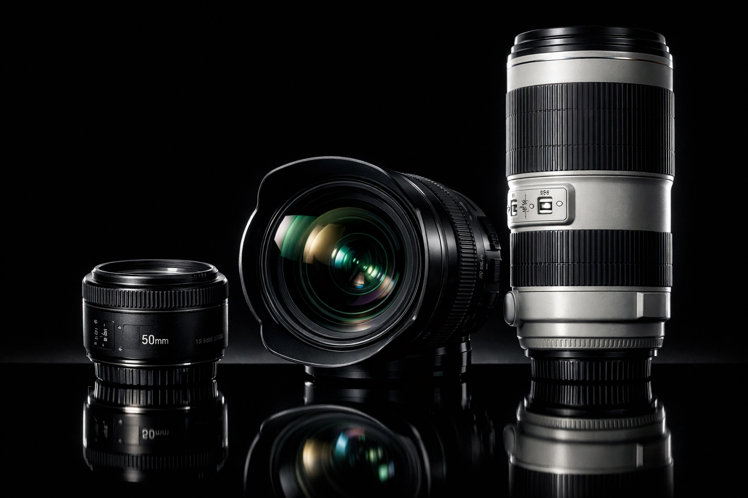 A collection of different camera lenses, including prime and telephoto, for mastering your first camera setup.