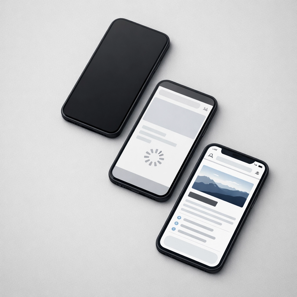 Three smartphones showing progressive website loading stages from blank to fully loaded page