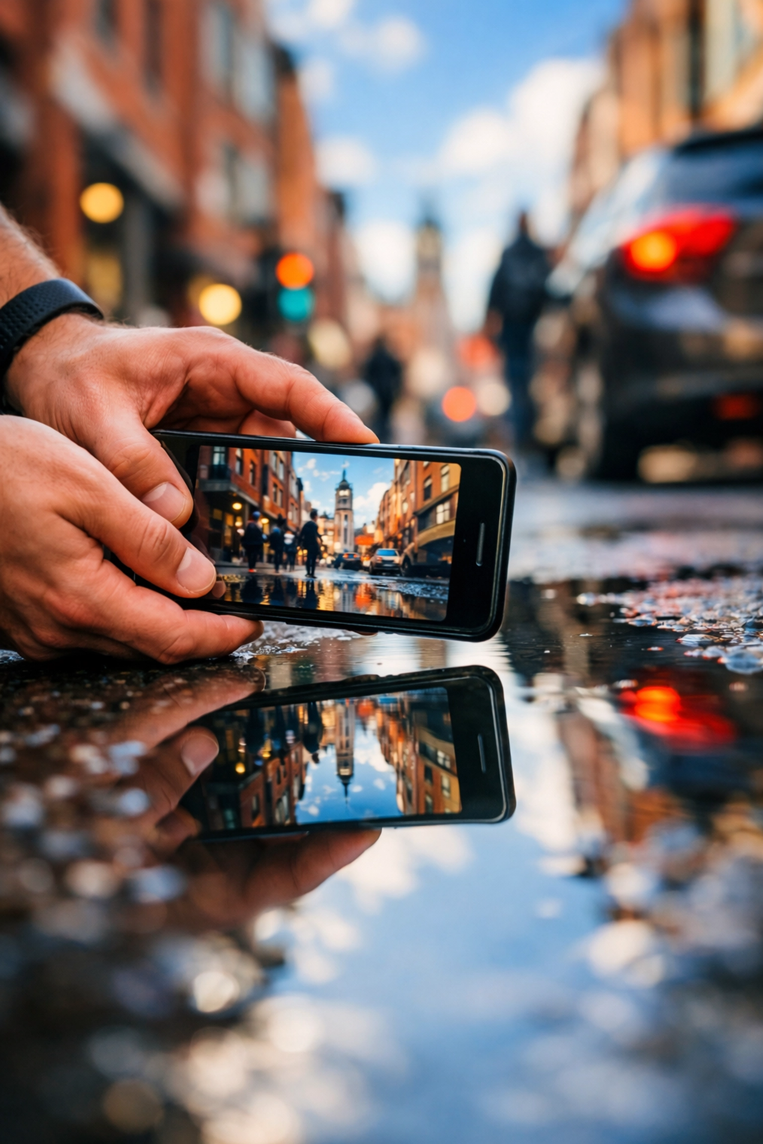 Photographer using smartphone to capture street reflection in puddle demonstrating everyday photography