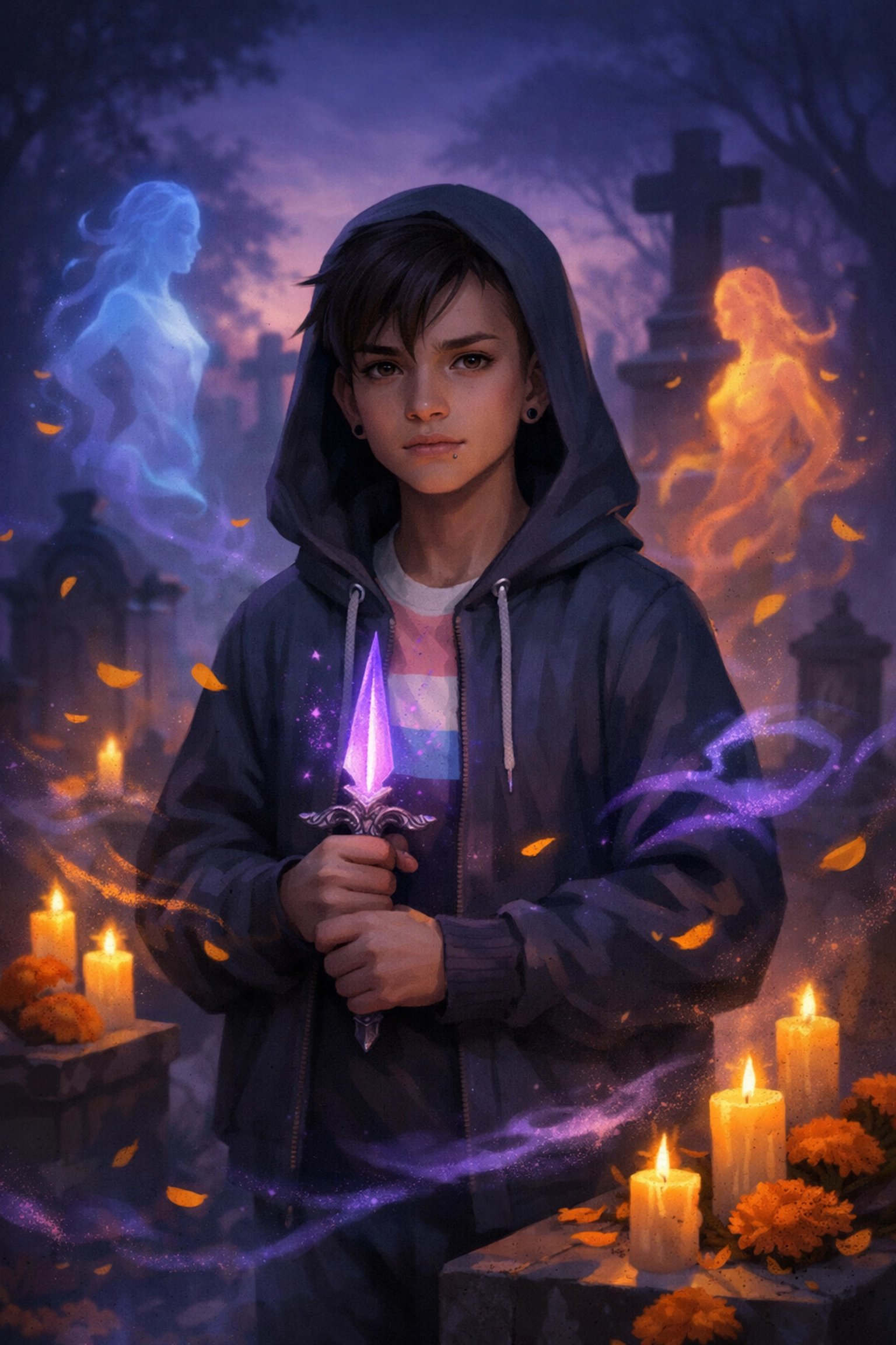 Trans Latino brujo performs cemetery ritual surrounded by spirits in queer fantasy Cemetery Boys