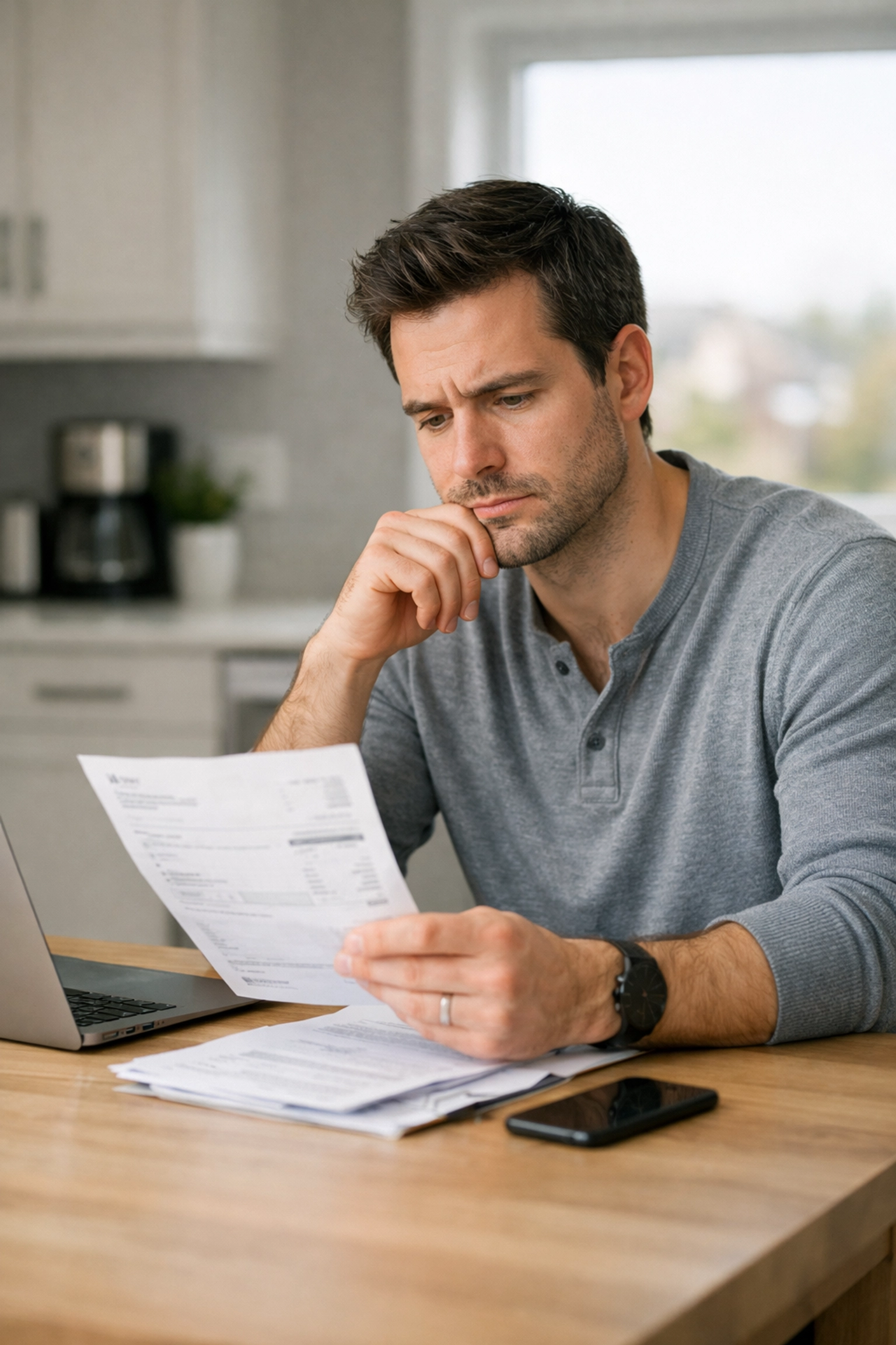 Canadian man reviewing an emergency bill to prepare for an instant cash loan application.