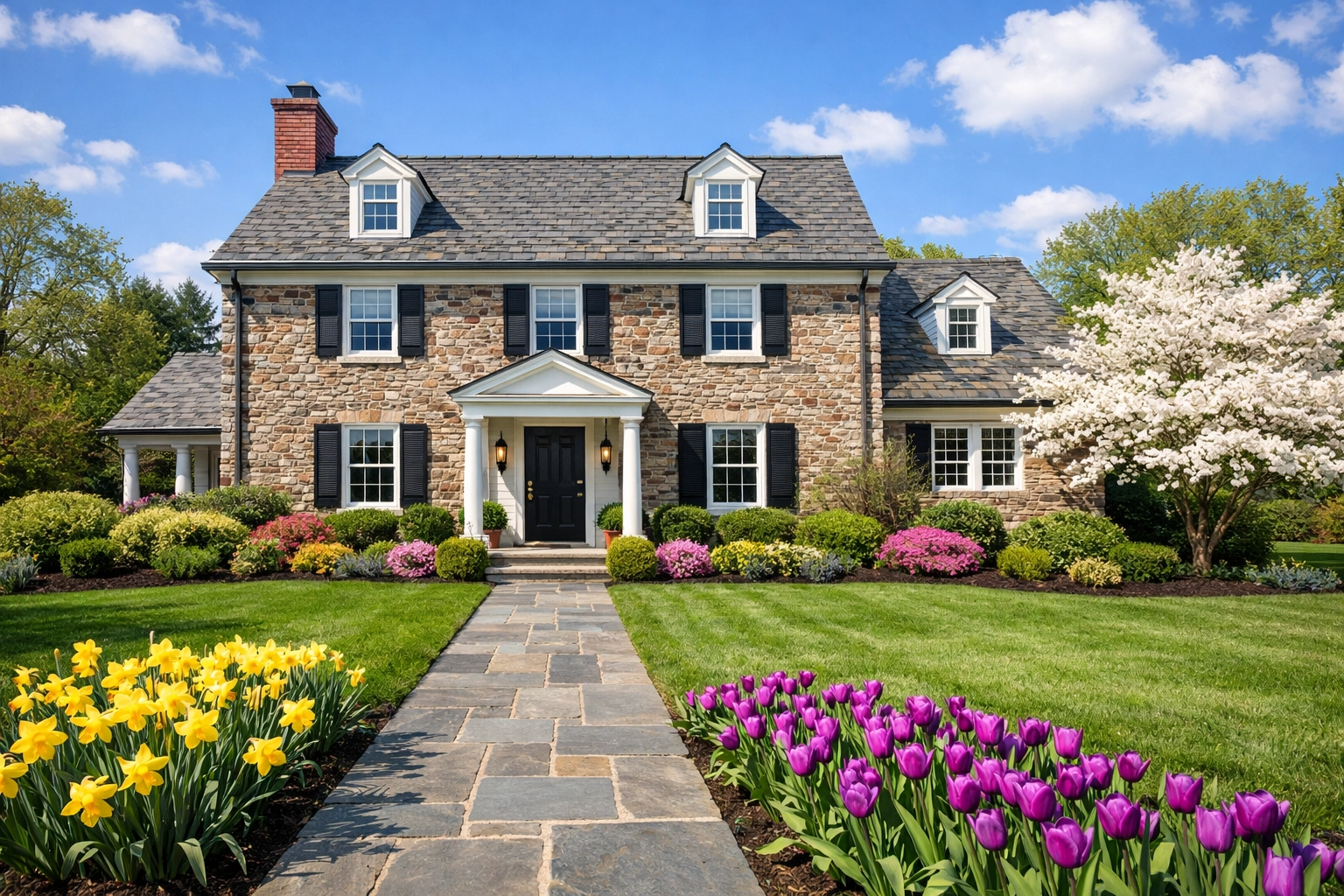 Stone colonial house in Montgomery County with vibrant spring landscaping and excellent curb appeal. Stone colonial house in Montgomery County with vibrant spring landscaping and excellent curb appeal.