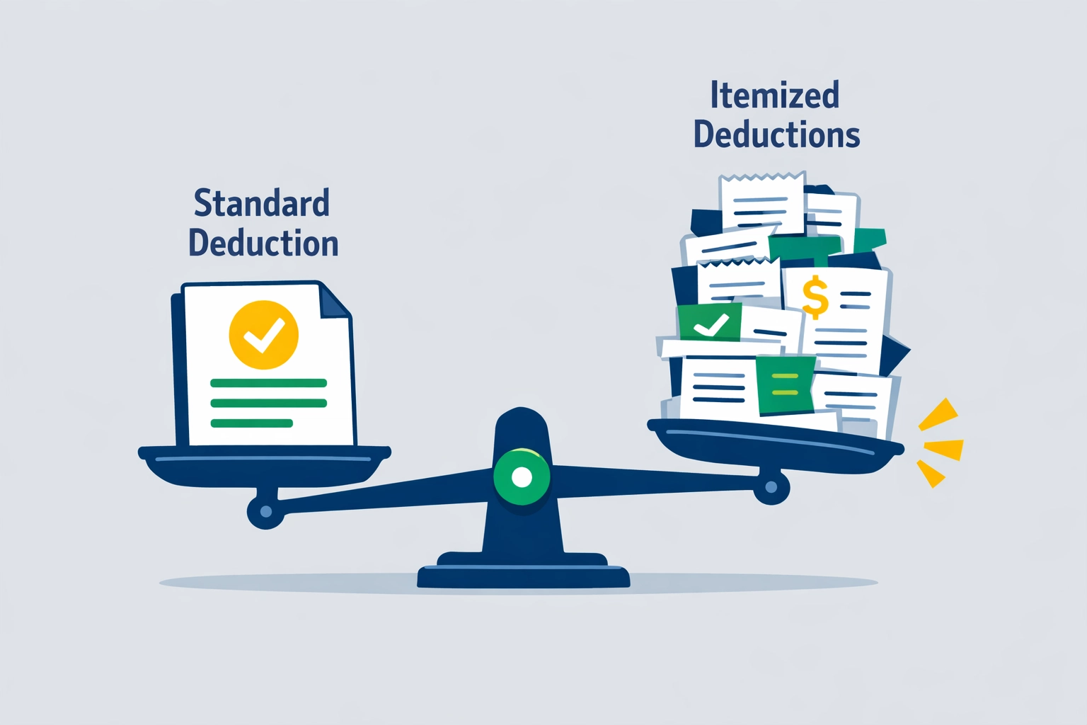 Comparing itemized vs standard deductions to maximize 2026 tax refund using a balanced scale.