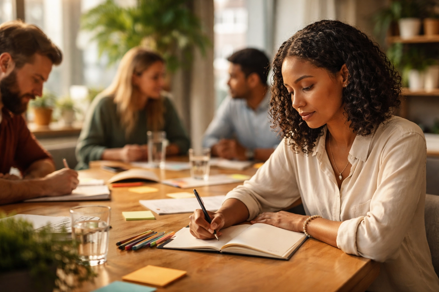 Corporate team members collaboratively participate in a team building workshop, embracing both introverts and extroverts.