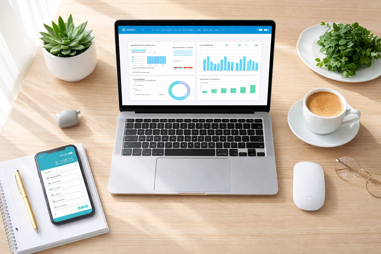Modern cloud accounting workspace with laptop displaying Xero dashboard and financial reports