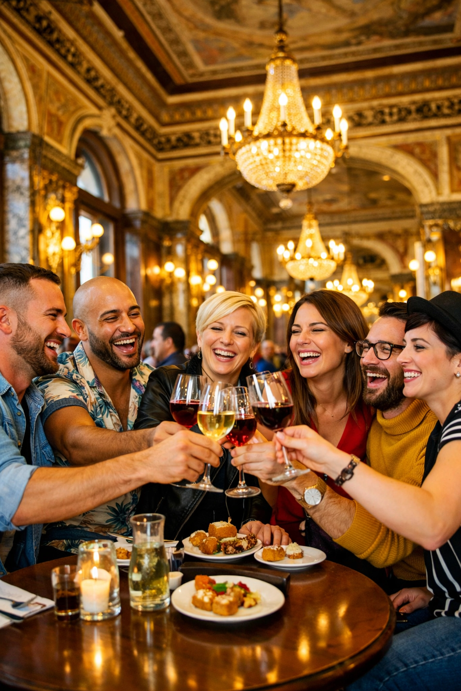 LGBTQ+ friends celebrating with a toast inside the grand, historic interior of Café Savoy in Vienna.