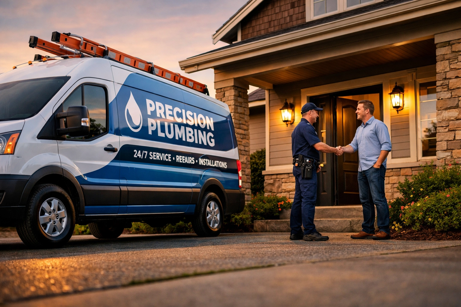Plumber shaking hands with a client, representing the local SEO benefits of a professional service business website.