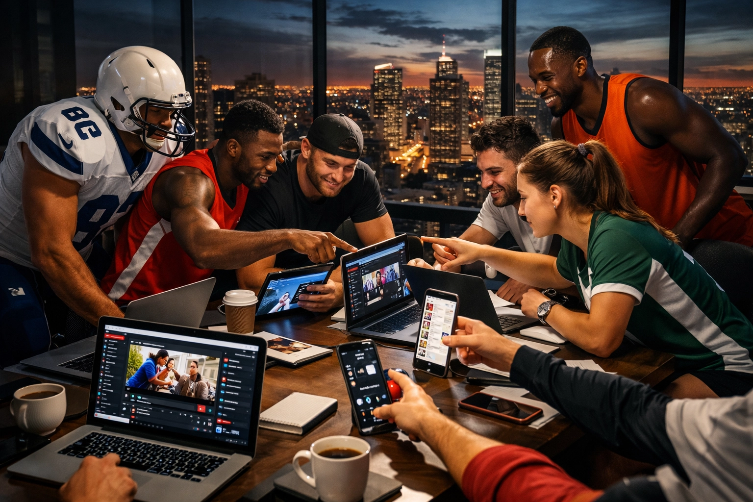 Athletes collaborating on NIL sports marketing strategy using digital platforms and social media