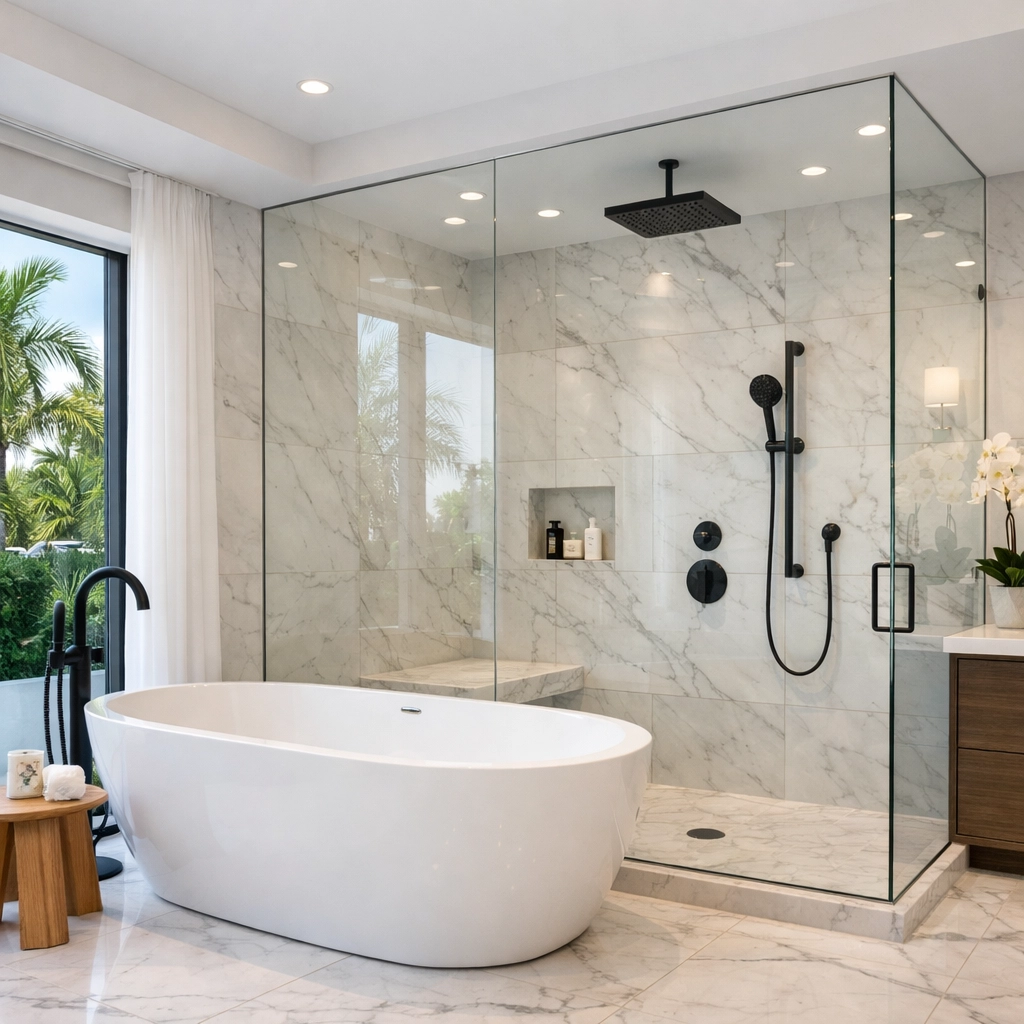 Modern bathroom remodeling Orlando featuring a white freestanding tub and glass walk-in shower.