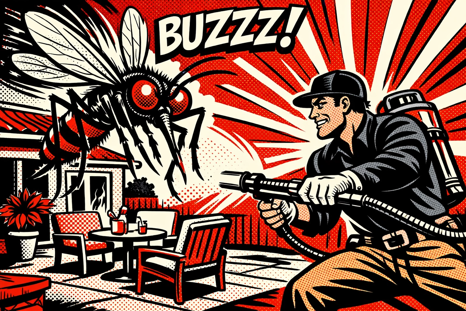 Pest X technician providing mosquito control in Birmingham AL with a bold comic book aesthetic.