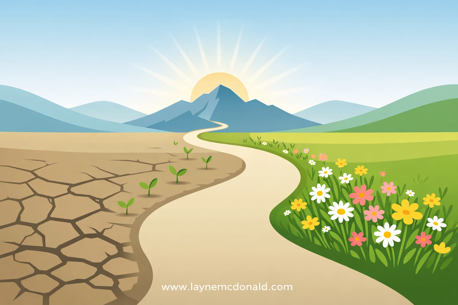 A path leading from dry ground to a blooming valley at sunrise, illustrating the journey of spiritual recovery.