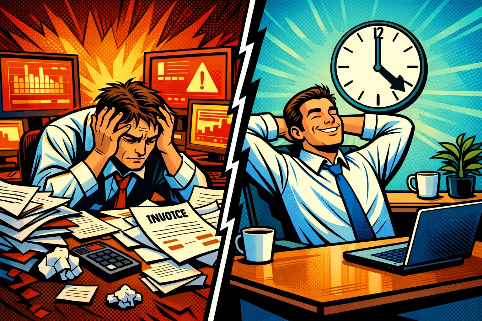 Business owner before and after automation: stressed at chaotic desk versus relaxed at organized workspace