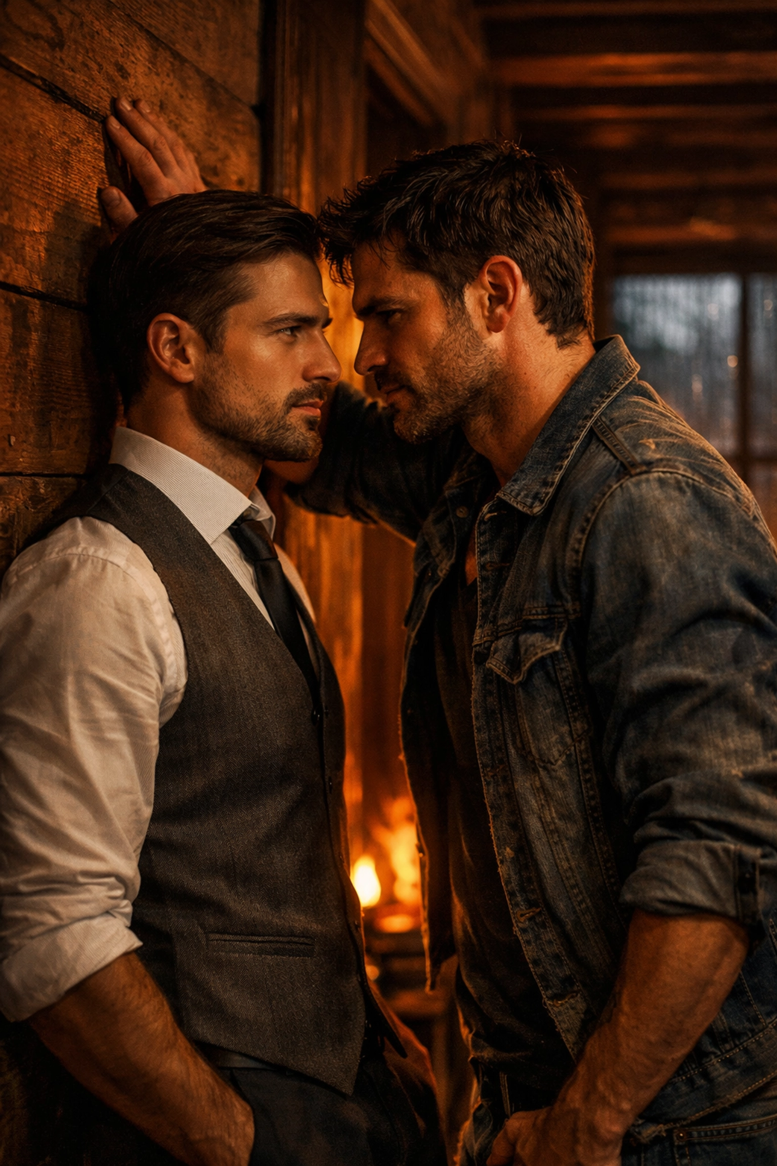 Two men sharing a moment of tension in a cabin, a classic enemies to lovers trope in gay romance.