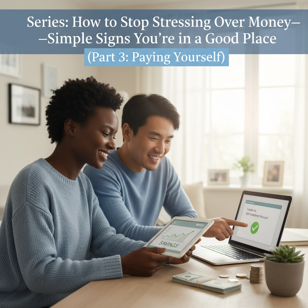 Two people smiling while looking on a laptop