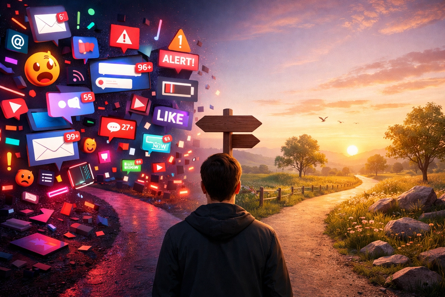 Person choosing between chaotic news overload and peaceful intentional morning routine