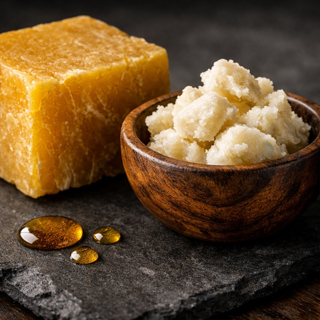 Natural beard wax ingredients including raw yellow beeswax and ivory shea butter for hair health.