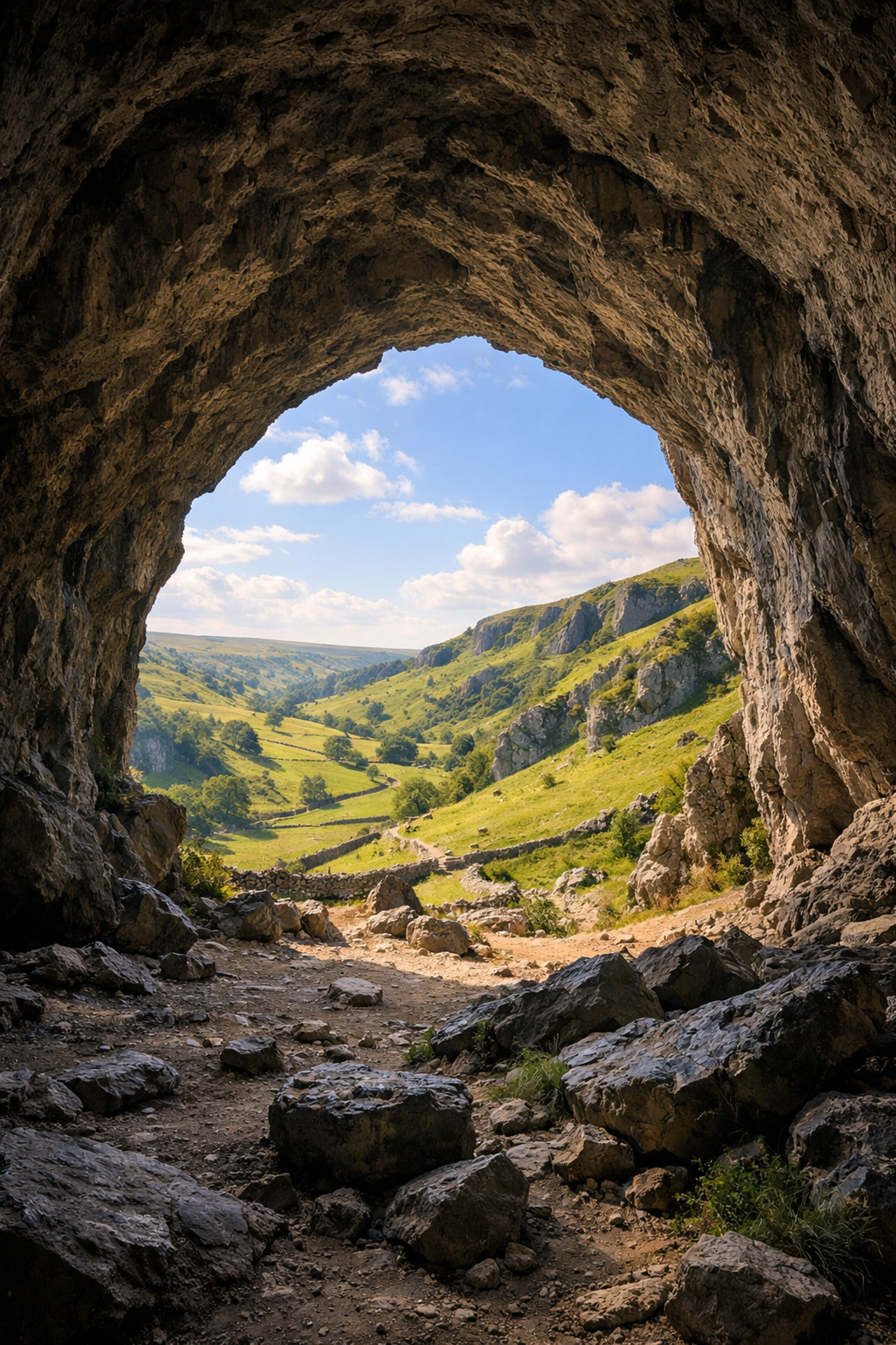The view from inside a limestone cave overlooking a sun-drenched valley in the Peak District.