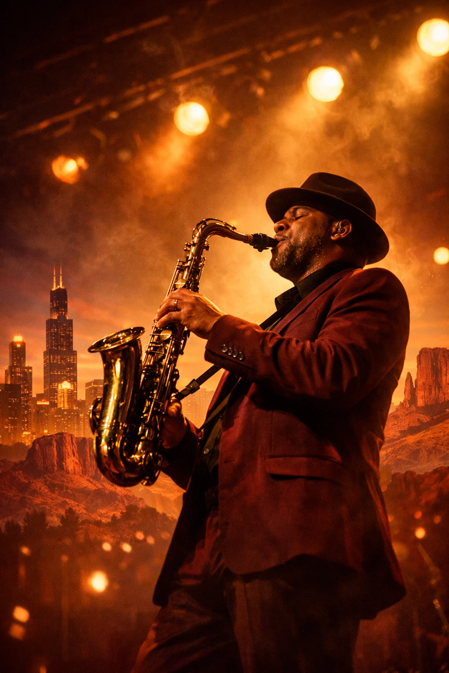 Jazz saxophonist performing with Chicago skyline and Arizona desert mountains symbolizing International Jazz Day connection