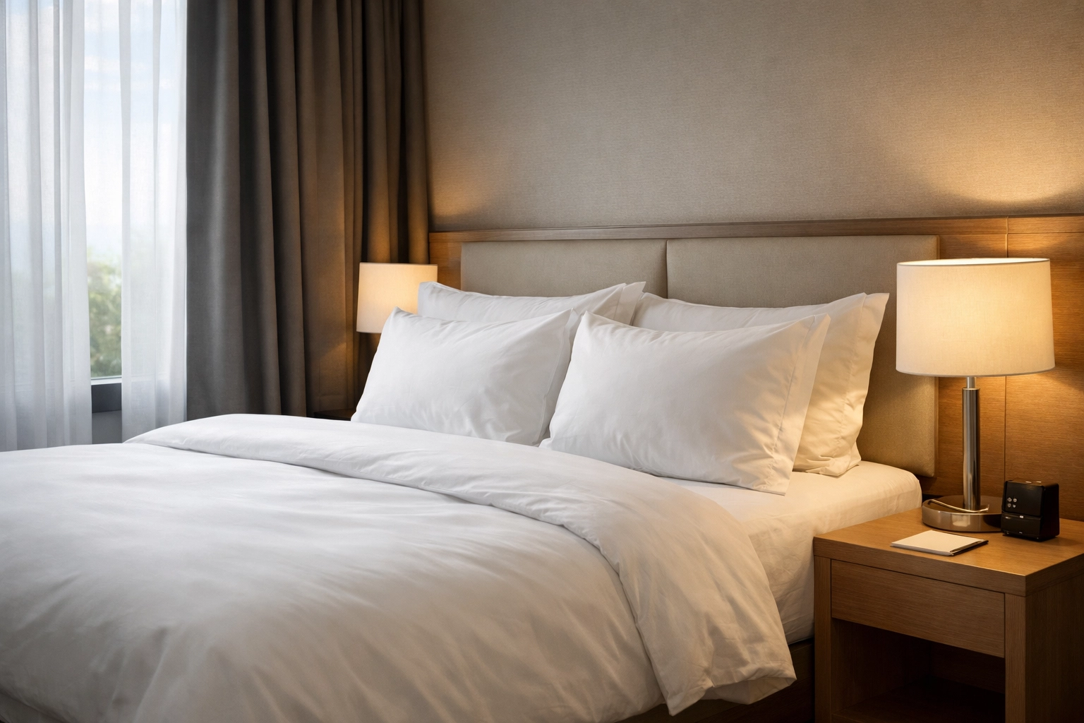Luxury hotel bedroom with premium linens and blackout curtains for quality sleep