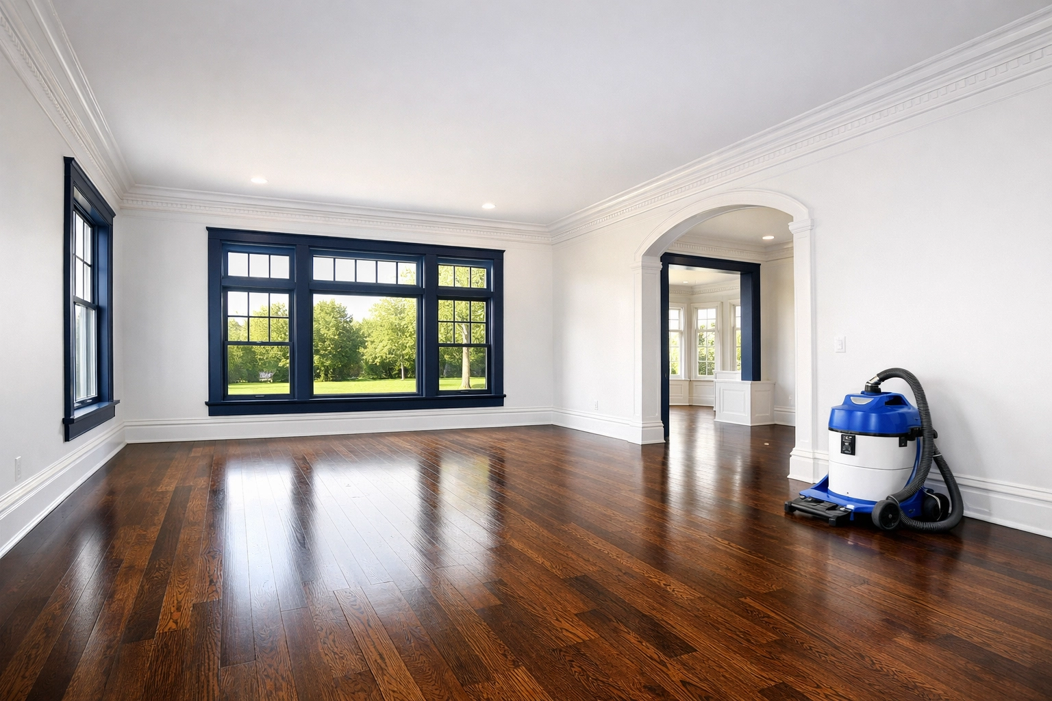 Clean renovated living room in Massachusetts showing results of a professional post-construction cleaning service.