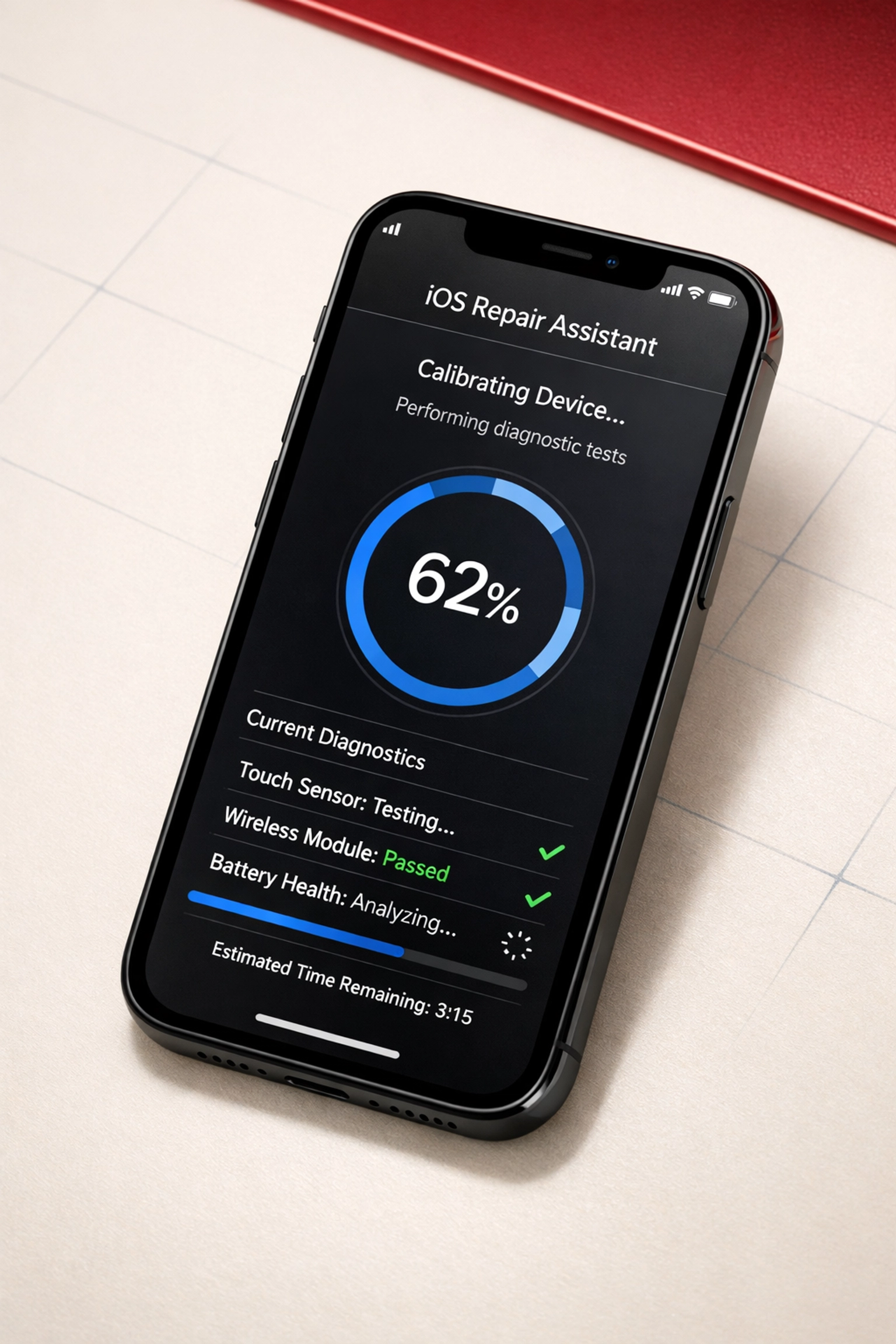 iPhone Repair Assistant calibration process in progress after screen replacement