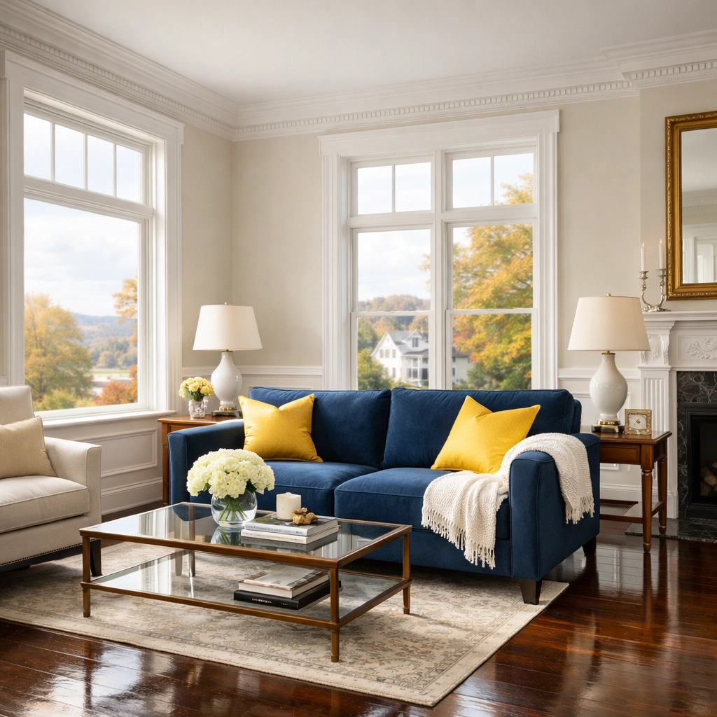 Spotless historic Deerfield living room with polished floors, showing professional residential cleaning results.