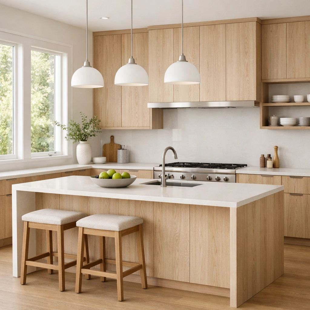 Modern kitchen renovation in Vancouver featuring light white oak cabinetry and white quartz countertops.