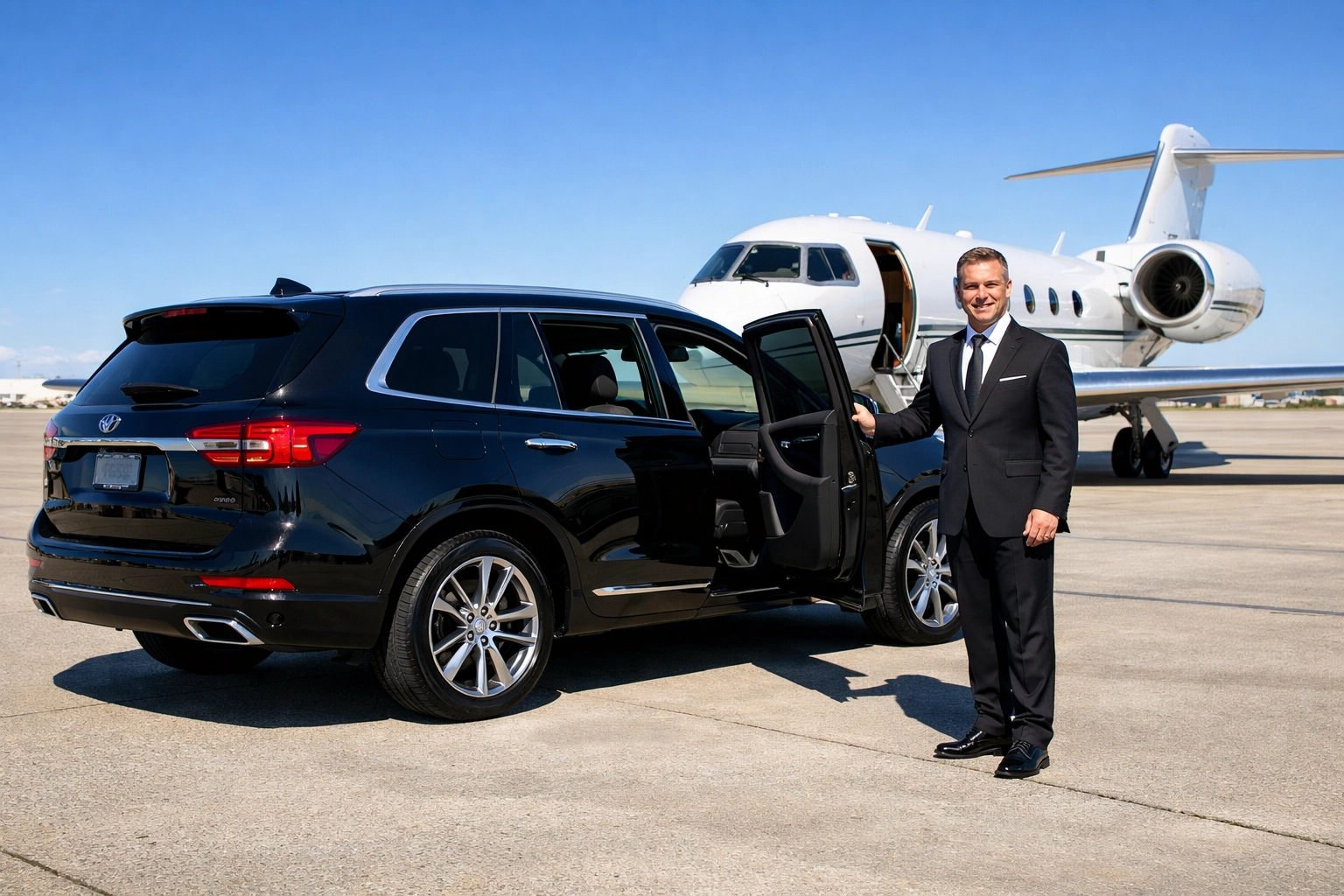 Luxury SUV and private jet at a private airfield for Super Bowl executive corporate travel.