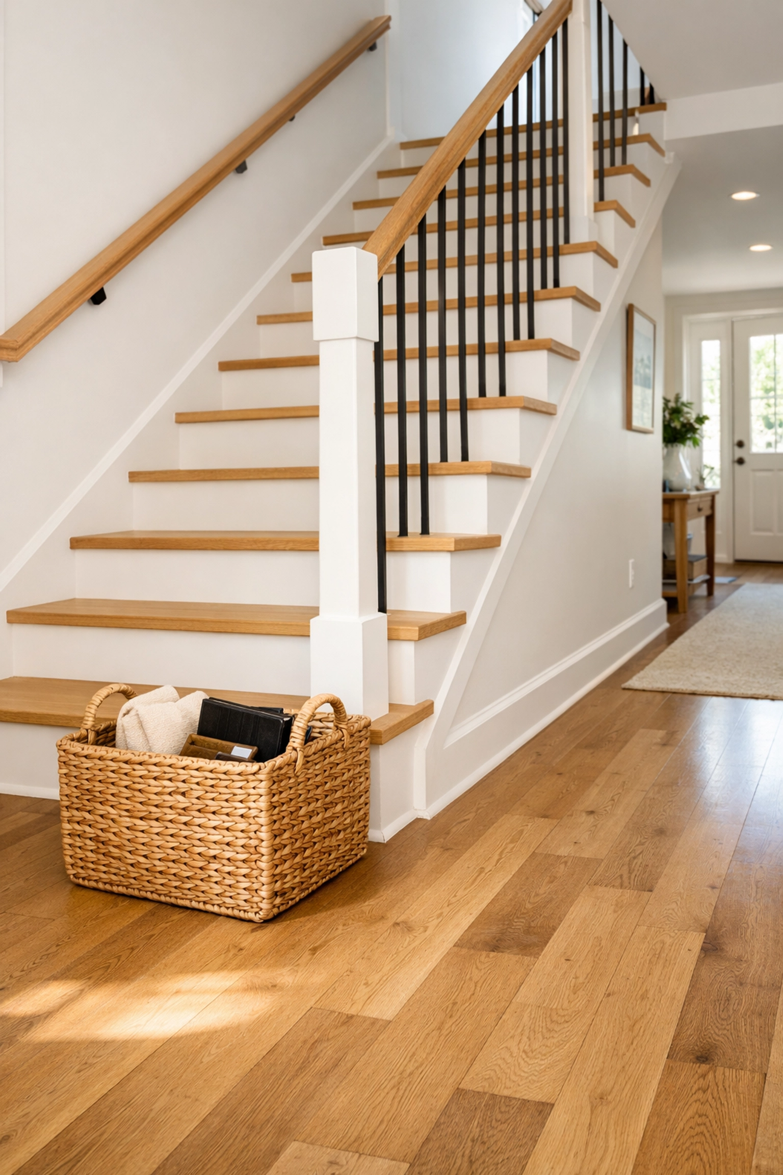 Clean wooden staircase with a storage basket nearby to keep steps clear of tripping hazards.