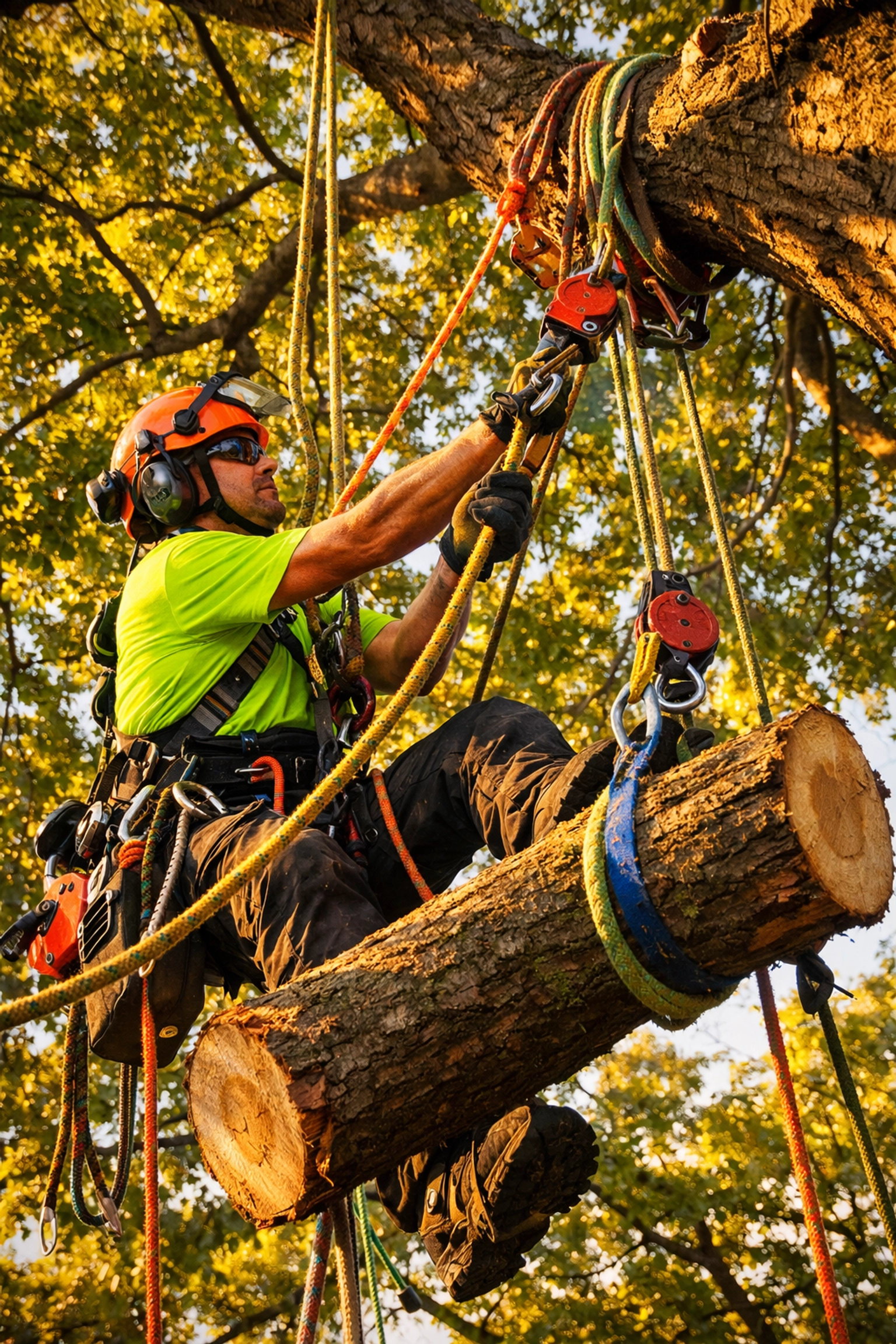 Certified arborist performing safe precision rigging work in tree canopy with advanced rope systems