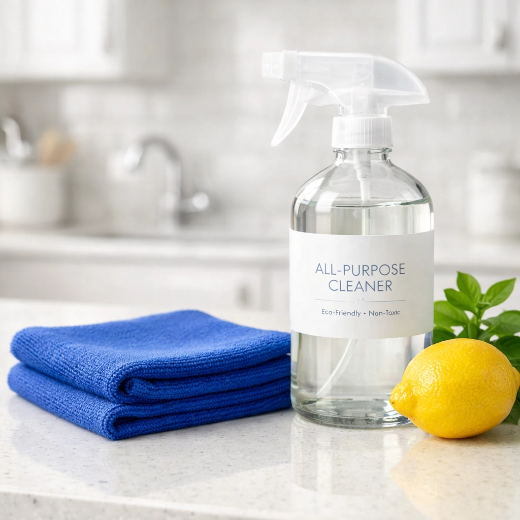 Eco-friendly house cleaning Cambridge MA kit with non-toxic, plant-based cleaning solutions.