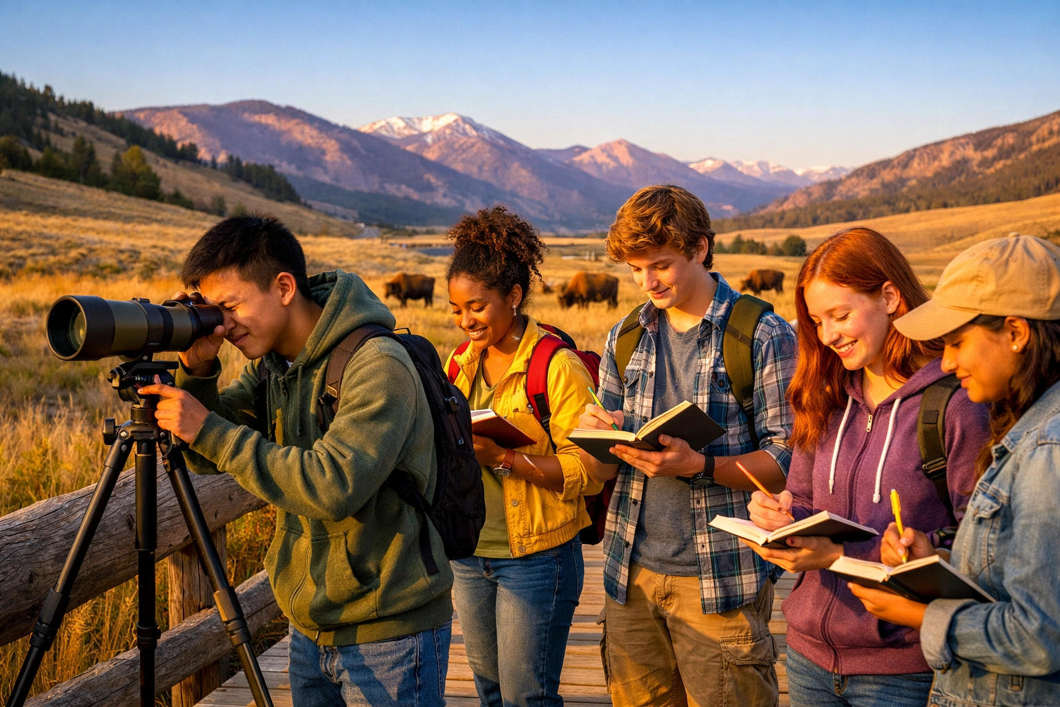 Students recording scientific observations and viewing wildlife during a Yellowstone field expedition.