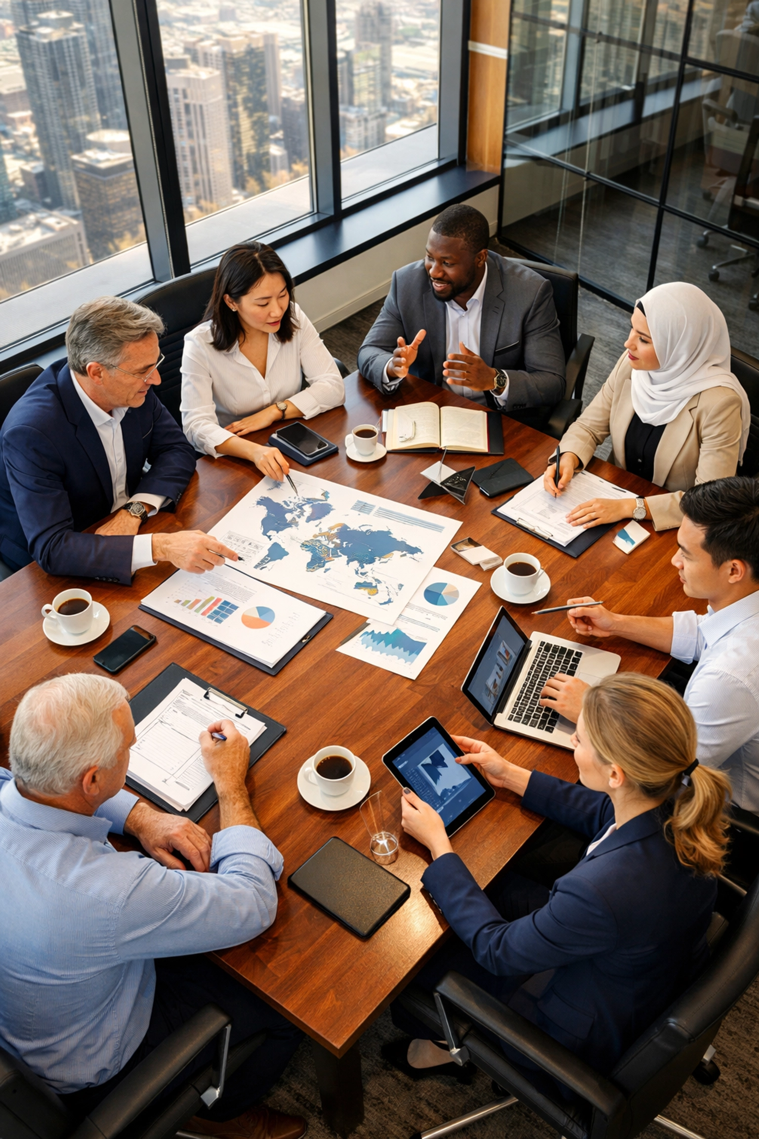 International consulting team collaborating on sports and entertainment market strategies across global regions