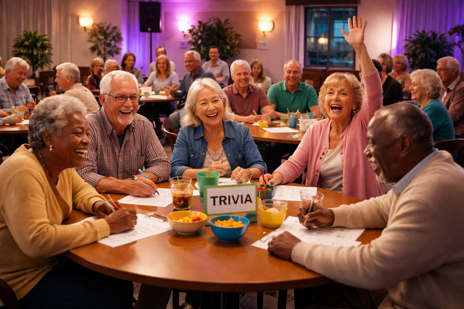 Senior residents enjoying a lively trivia night, building community with engaging DJ entertainment.