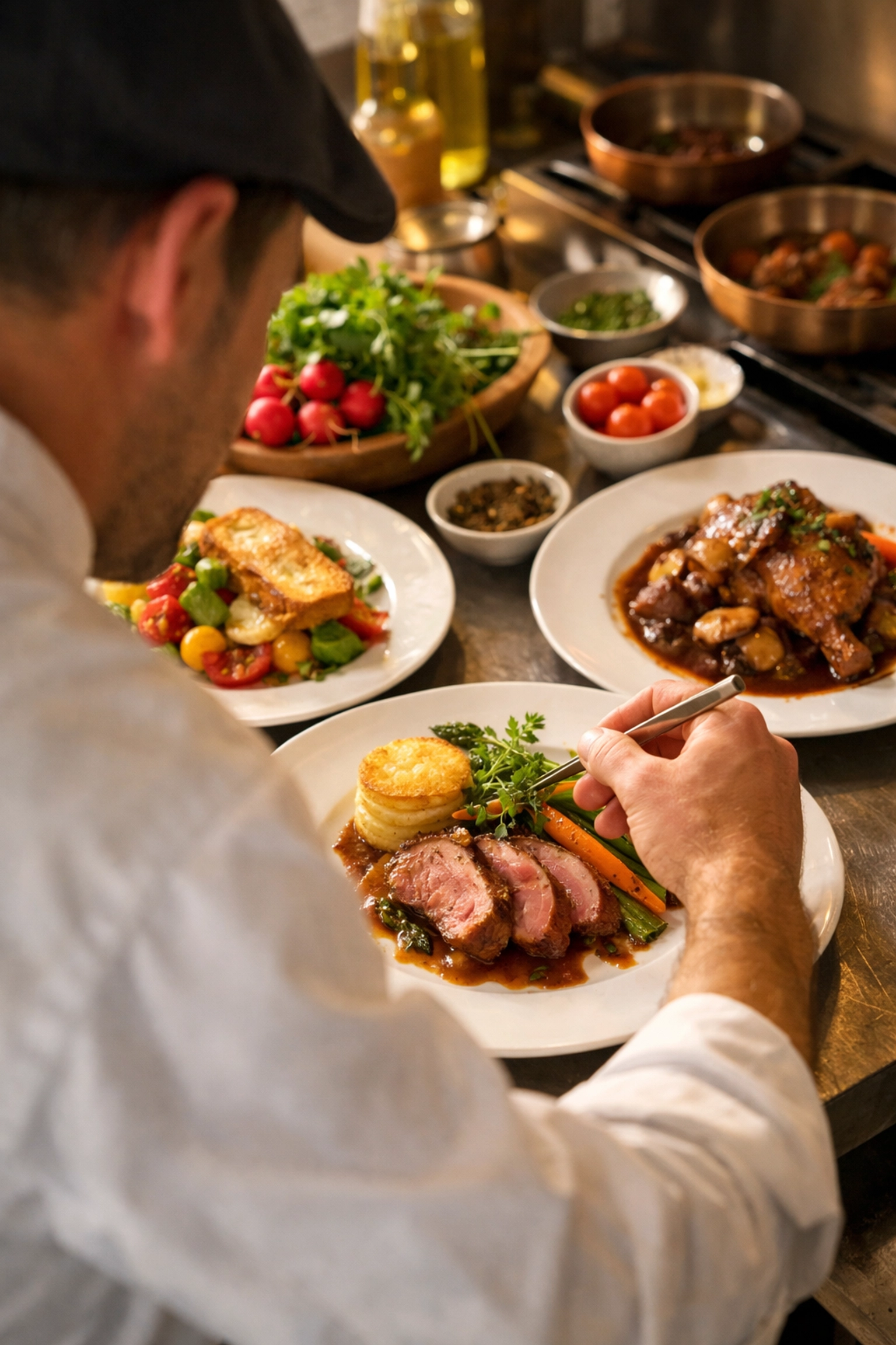 Chef plating French bistro cuisine with fresh seasonal ingredients
