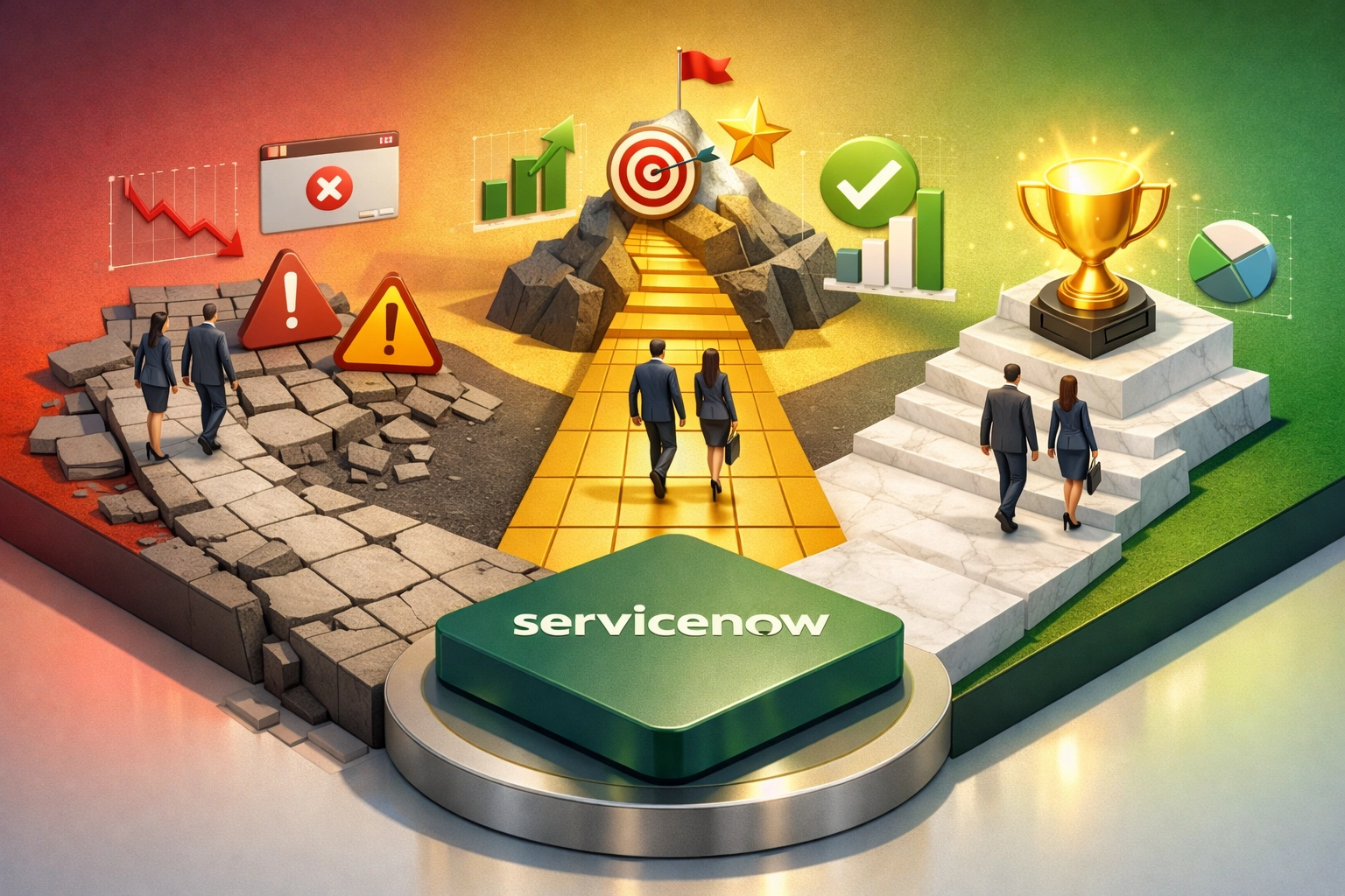 Three ServiceNow implementation partner pathways showing wrong choices versus successful outcomes