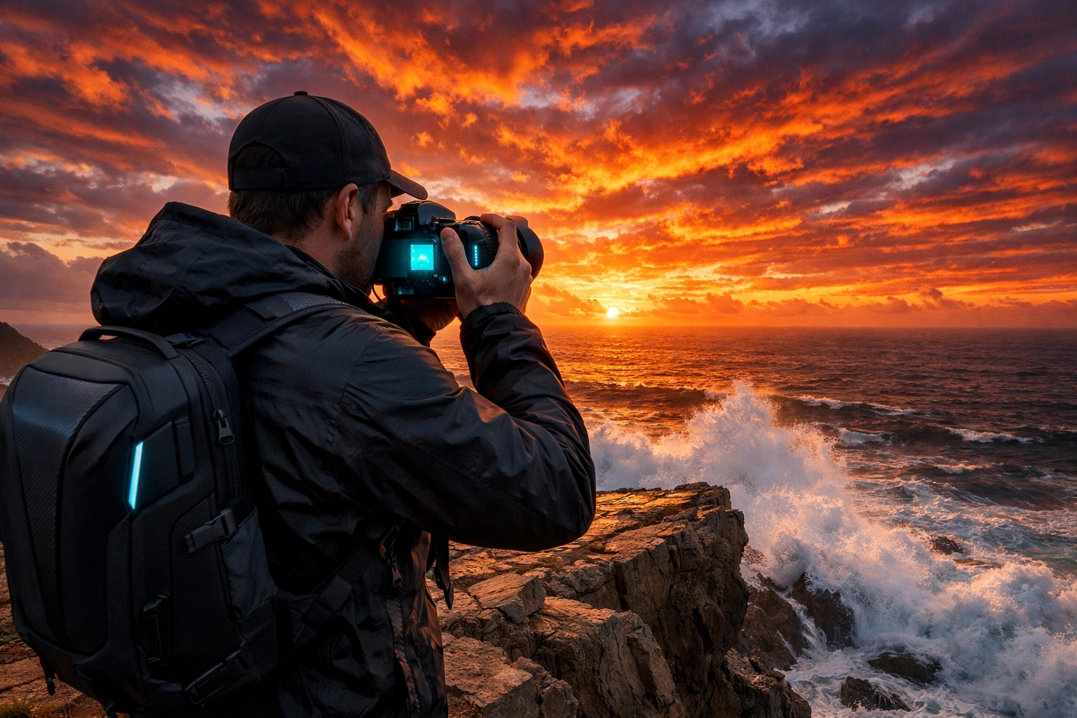 Photographer capturing a sunset landscape using the latest AI-powered mirrorless features.
