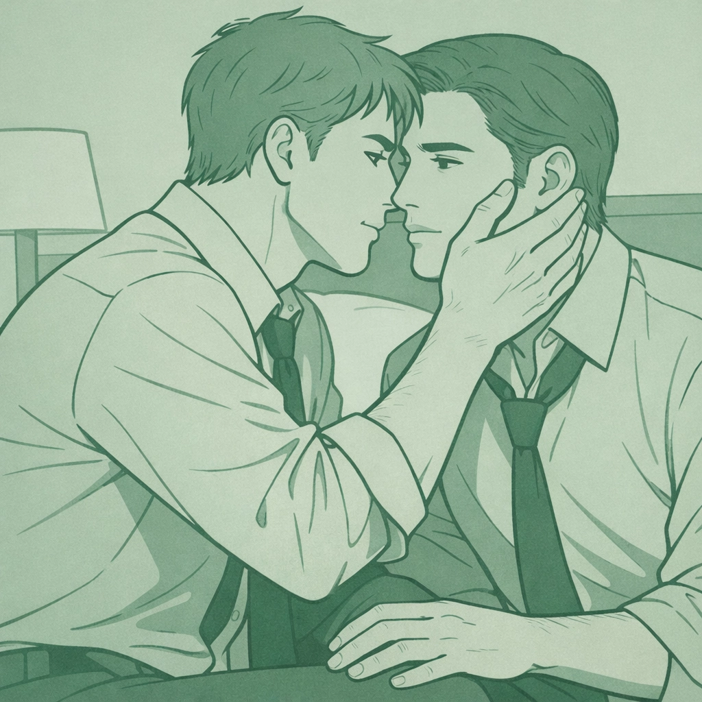 Intimate moment between male campaign managers in hotel room - MM romance illustration