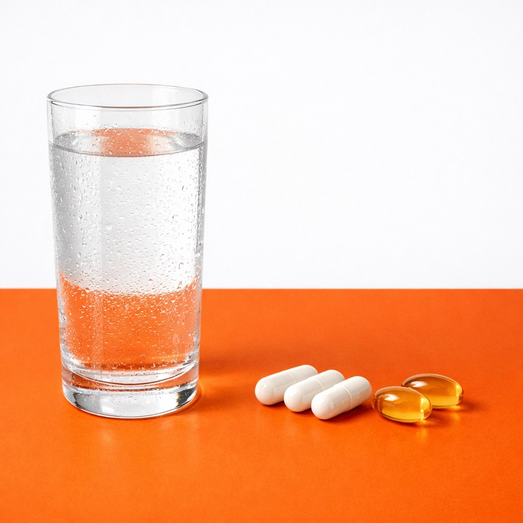 Nutritional supplement capsules and a glass of water for recovery and focus in a hybrid fitness routine.