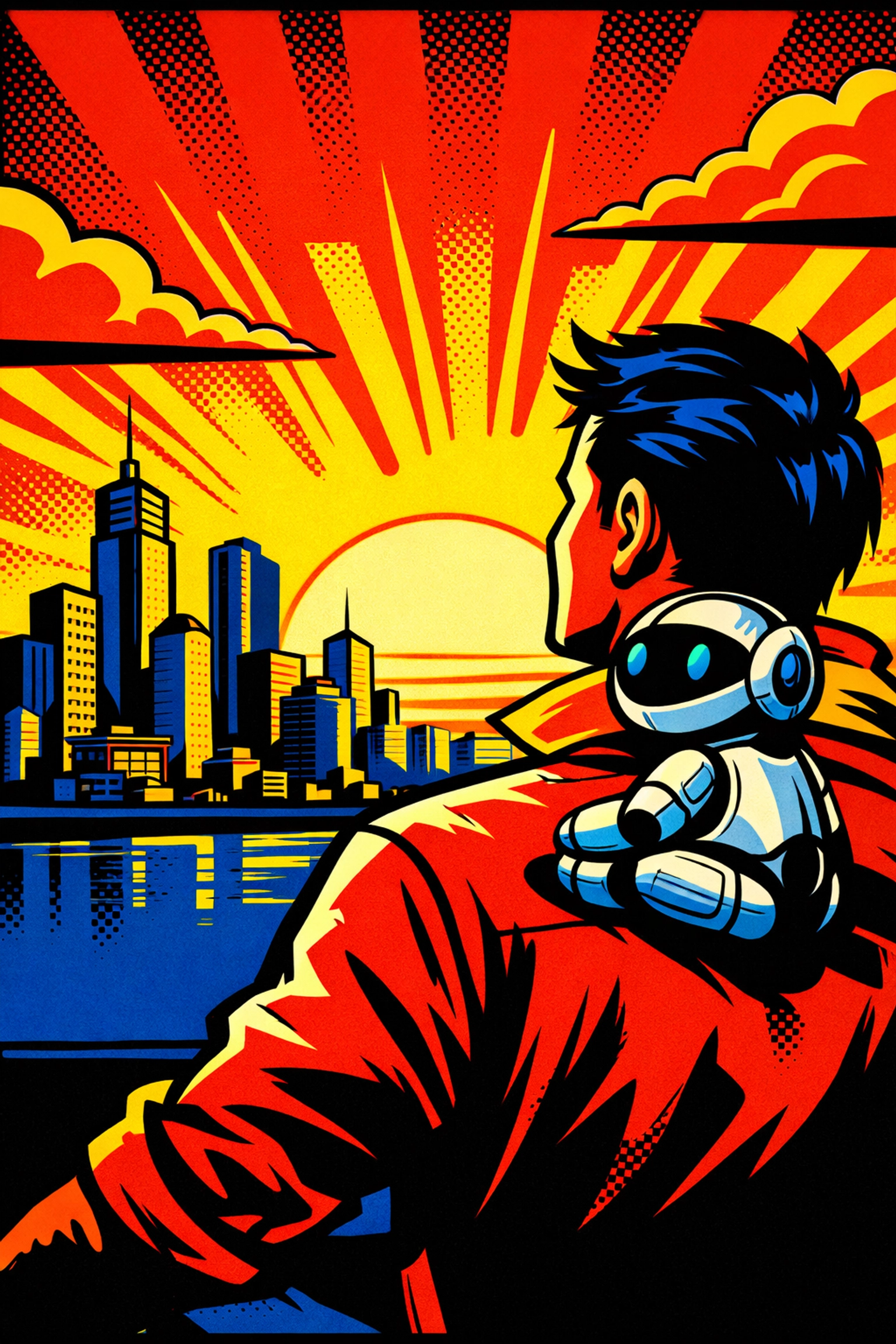 Relaxed business owner with an AI virtual assistant overlooking a city after automating admin.