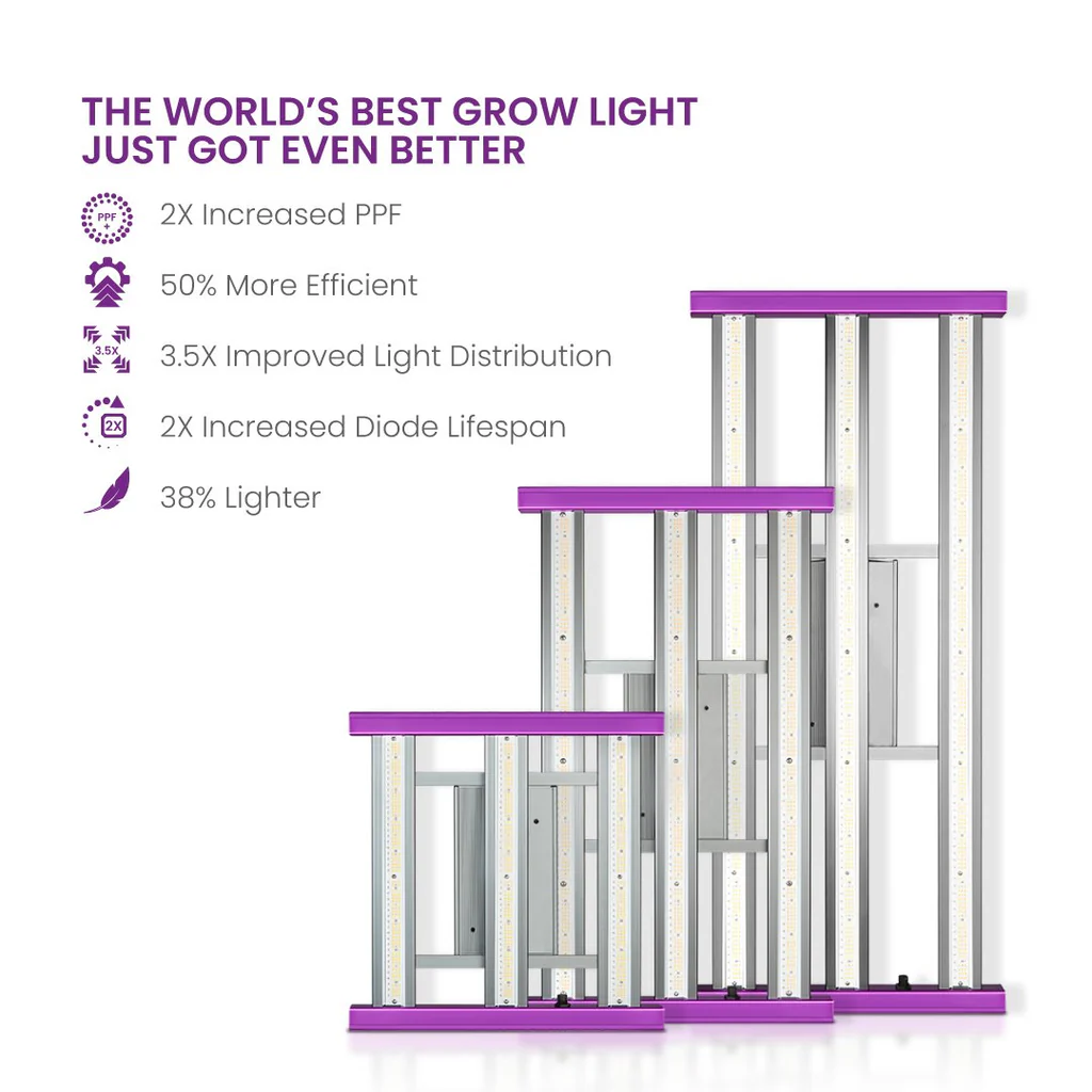 KIND LED grow lights KIND LED grow lights, showcased in four sizes, offer 2X increased PPF, 50% higher efficiency, 3.5X improved light distribution, 2X longer diode lifespan, and are 38% lighter. Ideal for hydroponic and indoor growers seeking premium, efficient lighting solutions for higher yields.