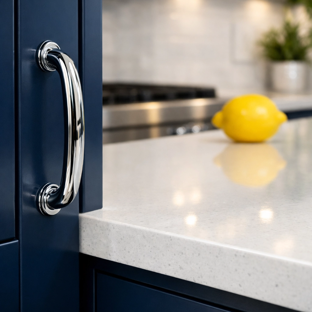 Sanitized high-end kitchen handle and quartz countertop in a Massachusetts home after a move-in deep clean.