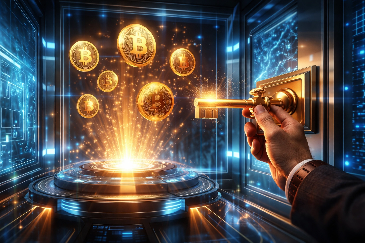 Merchant holding key to secure digital vault representing LUSD self-custody crypto payment security