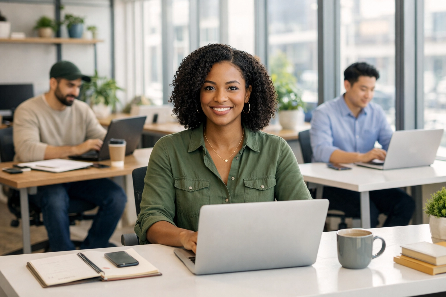 Freelancers and small business owners working in coworking space managing finances