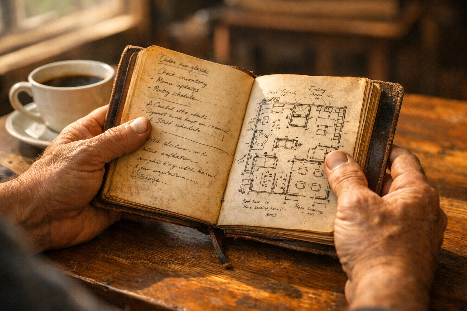 Restaurant owner reviewing business plans and floor layouts for lifecycle management strategy