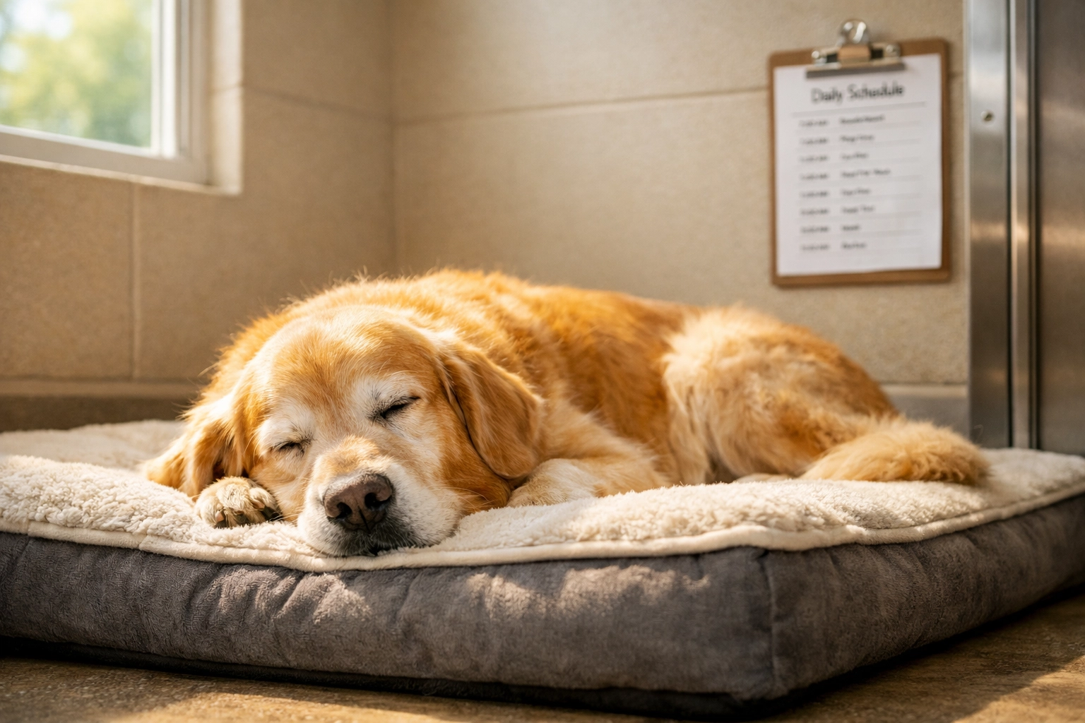 Relaxed senior dog resting in a sunlit private suite at a holistic boarding facility in Boring, Oregon.