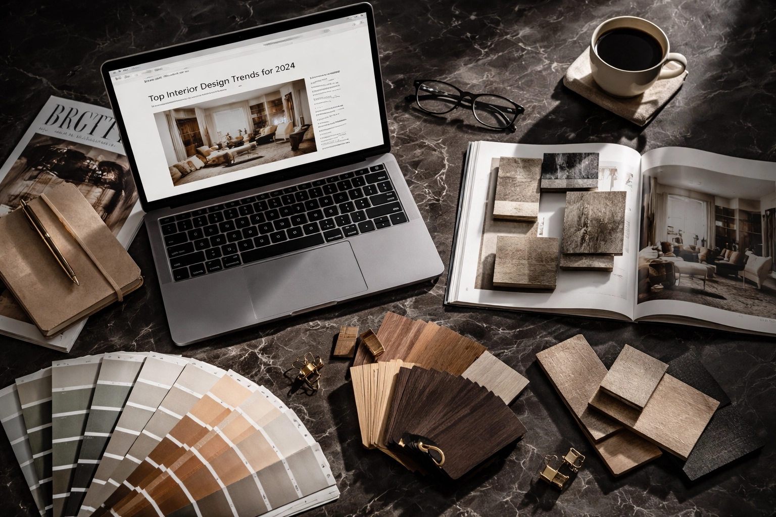Flat-lay of Brisbane interior design research with laptop, magazines, material samples, and coffee on desk